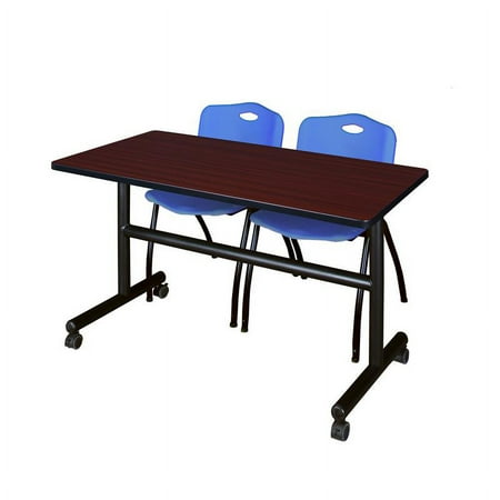 Kobe 48" Flip Top Mobile Training Table- Mahogany & 2 'M' Stack Chairs- Blue