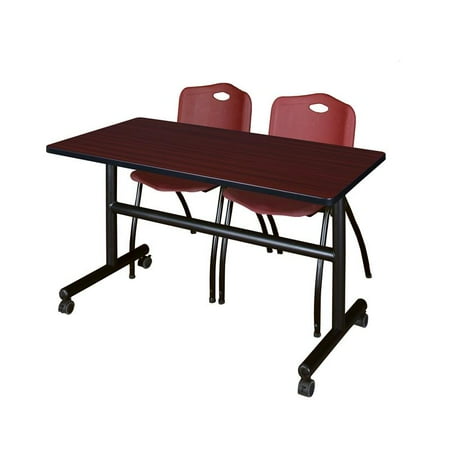 Kobe 48" Flip Top Mobile Training Table-Mahogany & 2 'M' Stack Chairs-Burgundy