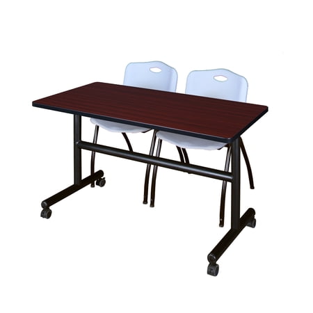 Kobe 48" Mahogany Flip Top Mobile Training Table and 2 'M' Stack Chairs, Multiple Colors-Mahogany/Grey