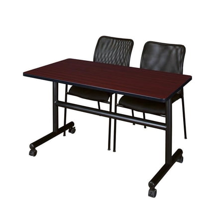 Kobe 48" Flip Top Mobile Training Table- Mahogany & 2 Mario Stack Chairs- Black