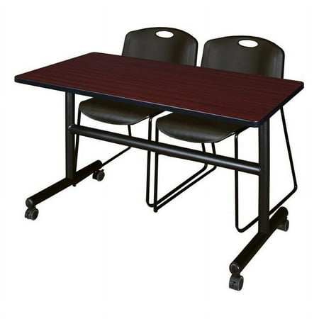 Kobe 48" Flip Top Mobile Training Table- Mahogany & 2 Zeng Stack Chairs- Black