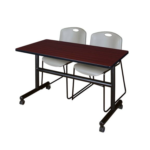 Regency Kobe 48 x 24 in. Flip-Top Training Nesting Table- Mahogany, 2 Zeng Stack Chairs- Grey