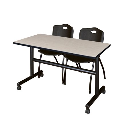 Kobe 48" Maple Flip Top Mobile Training Table and 2 'M' Stack Chairs, Multiple Colors-Maple/Black