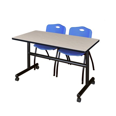 Kobe 48" Maple Flip Top Mobile Training Table and 2 'M' Stack Chairs, Multiple Colors-Maple/Blue
