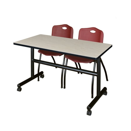 Romig Kobe 48 x 24 in. Flip-Top Training Nesting Table- Maple, 2 M Stack Chairs- Burgundy