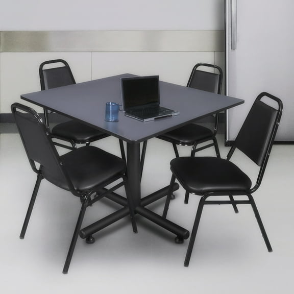 Regency Kobe 48 in. Square X-Base Breakroom Table- Grey, 4 Restaurant Stack Chairs- Black