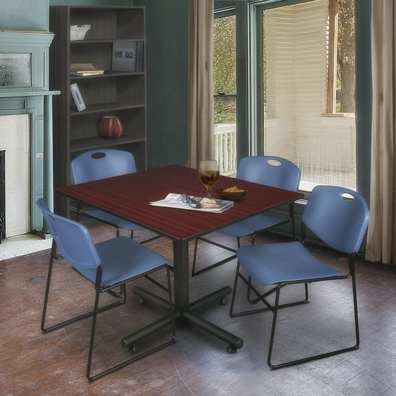 Regency Kobe 48 in. Square Breakroom Table- Mahogany, 4 Zeng Stack Chairs- Blue