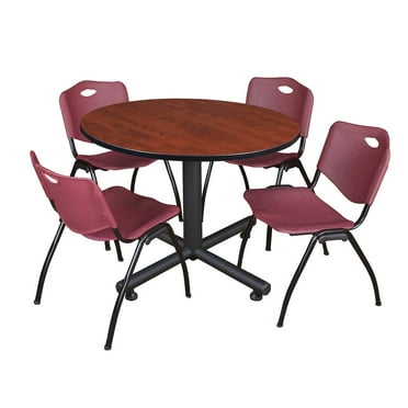 Kobe 48in. Round Breakroom Table- Cherry & 4 'M' Stack Chairs- Burgundy