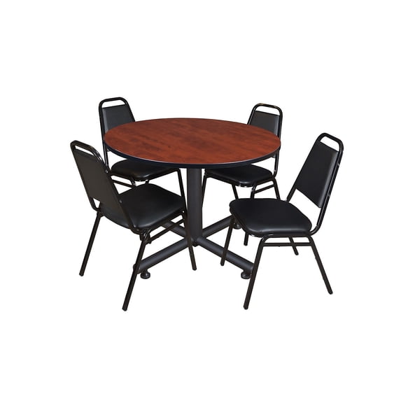Kobe 48in. Round Breakroom Table- Cherry & 4 Restaurant Stack Chairs- Black