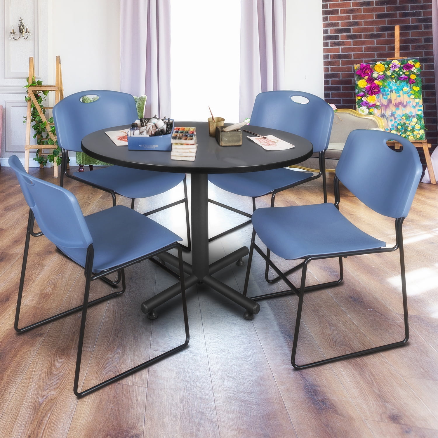 Kobe 48" Grey Laminate Round Table & 4 Blue Polypropylene Zeng Chairs Set