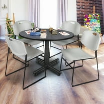 Kobe 48in. Round Breakroom Table- Grey & 4 Zeng Stack Chairs- Grey