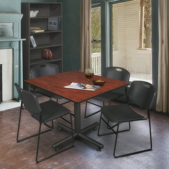 Kobe 48in. Square Breakroom Table- Cherry & 4 Zeng Stack Chairs- Black
