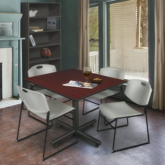 Kobe 48in. Square Breakroom Table- Mahogany & 4 Zeng Stack Chairs- Grey
