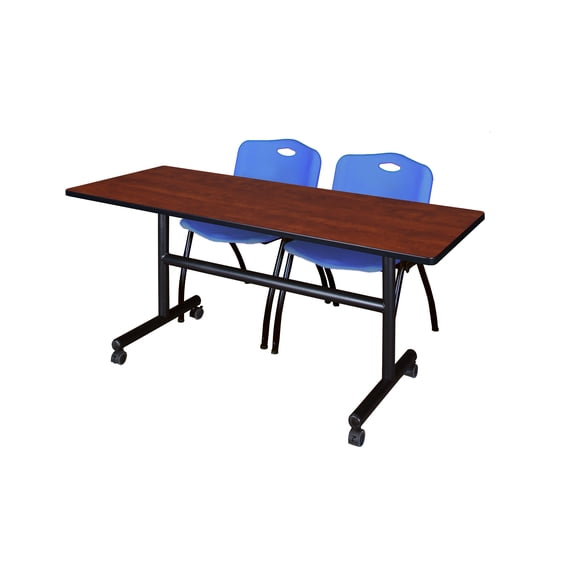 Regency Kobe 60" Flip Top Mobile Training Table- Cherry & 2 'M' Stack Chairs- Blue