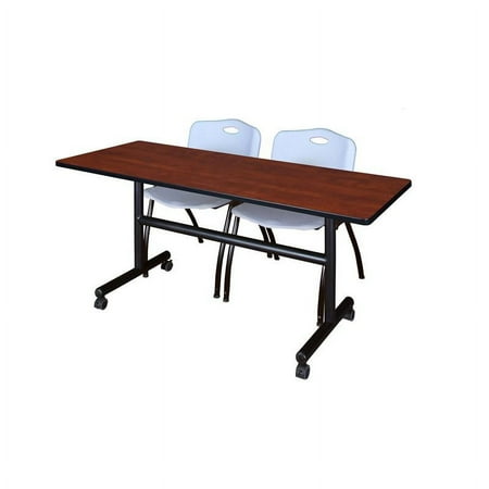 Kobe 60" Flip Top Mobile Training Table- Cherry & 2 'M' Stack Chairs- Grey