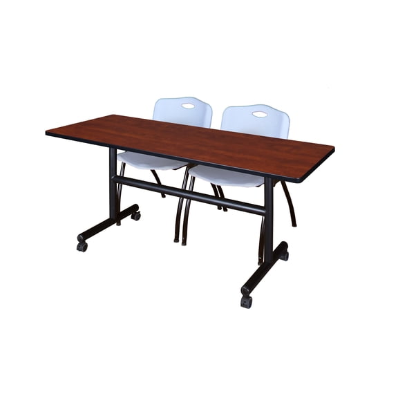 Regency Kobe 60 x 24 in. Flip-Top Training Nesting Table- Cherry, 2 M Stack Chairs- Grey