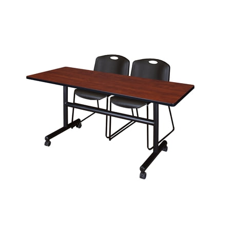 Regency Kobe 60 x 24 in. Flip-Top Training Nesting Table- Cherry, 2 Zeng Stack Chairs- Black