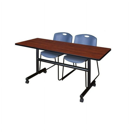 Kobe 60" Flip Top Mobile Training Table- Cherry & 2 Zeng Stack Chairs- Blue