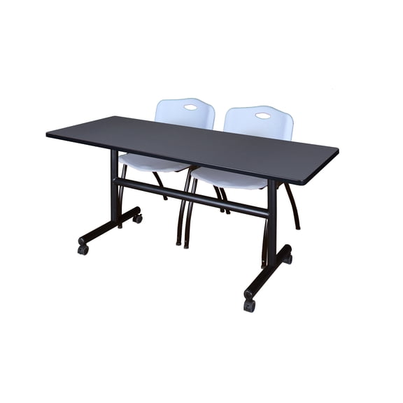 Kobe 60" Gray Flip Top Mobile Training Table and 2 'M' Stack Chairs, Multiple Colors