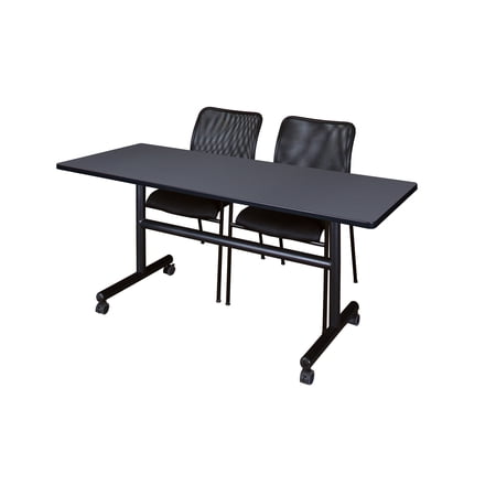 Kobe 60" Flip Top Mobile Training Table- Grey & 2 Mario Stack Chairs- Black