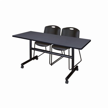 Kobe 60" Flip Top Mobile Training Table- Grey & 2 Zeng Stack Chairs- Black