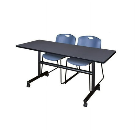 Kobe 60" Flip Top Mobile Training Table- Grey & 2 Zeng Stack Chairs- Blue