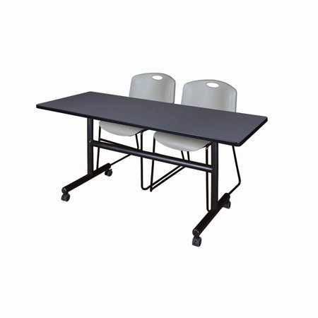 Kobe 60" Flip Top Mobile Training Table- Grey & 2 Zeng Stack Chairs- Grey