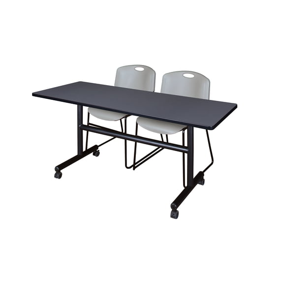 Kobe 60" Gray Flip Top Mobile Training Table and 2 Zeng Stack Chairs, Multiple Colors