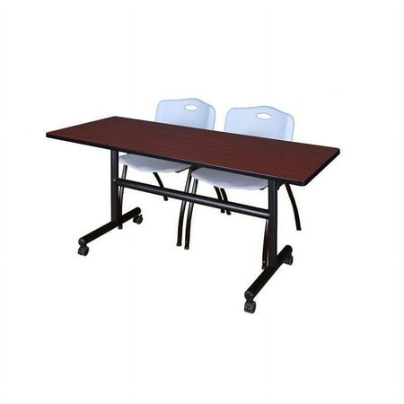 Kobe 60" Flip Top Mobile Training Table- Mahogany & 2 'M' Stack Chairs- Grey
