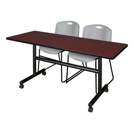 Kobe 60" Flip Top Mobile Training Table- Mahogany & 2 Zeng Stack Chairs- Grey