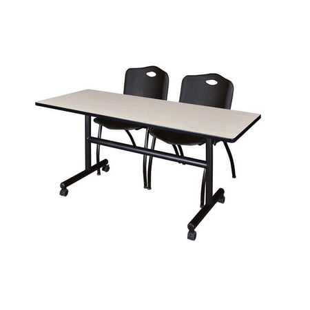 Kobe 60" Flip Top Mobile Training Table- Maple & 2 'M' Stack Chairs- Black