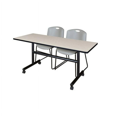 Kobe 60" Flip Top Mobile Training Table- Maple & 2 Zeng Stack Chairs- Grey