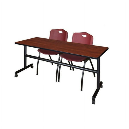 Kobe 72" Flip Top Mobile Training Table- Cherry & 2 'M' Stack Chairs- Burgundy
