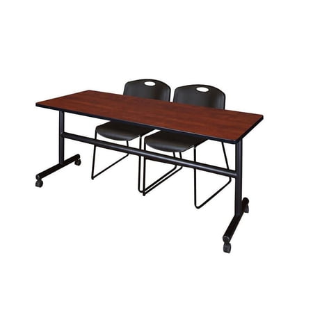 Kobe 72" Flip Top Mobile Training Table- Cherry & 2 Zeng Stack Chairs- Black