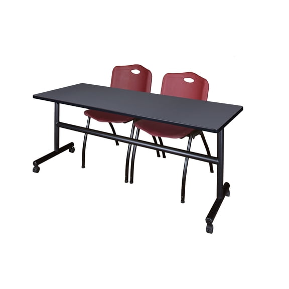 Regency Kobe 72 x 24 in. Flip-Top Training Nesting Table- Grey, 2 M Stack Chairs- Burgundy