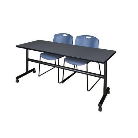 Regency Kobe 72 x 24 in. Flip-Top Training Nesting Table- Grey, 2 Zeng Stack Chairs- Blue