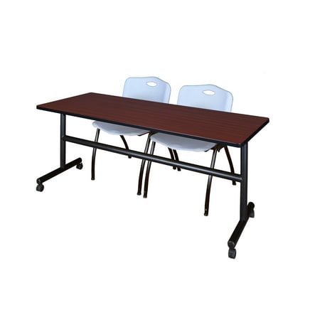 Regency Kobe 72 x 24 in. Flip-Top Training Nesting Table- Mahogany, 2 M Stack Chairs- Grey