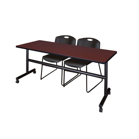 Kobe 72" Mahogany Flip Top Mobile Training Table and 2 Zeng Stack Chairs, Multiple Colors