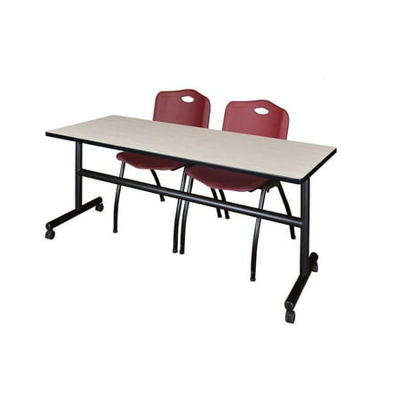 Kobe 72" Flip Top Mobile Training Table- Maple & 2 'M' Stack Chairs- Burgundy