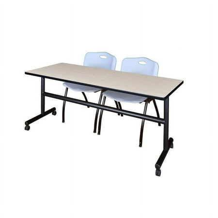 Kobe 72" Flip Top Mobile Training Table- Maple & 2 'M' Stack Chairs- Grey