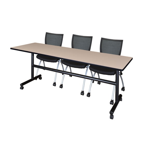 Regency Kobe 84" Flip Top Mobile Training Table- Beige & 3 Apprentice Chairs- Black