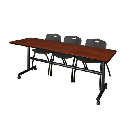 Kobe 84" Flip Top Mobile Training Table- Cherry & 3 'M' Stack Chairs- Black