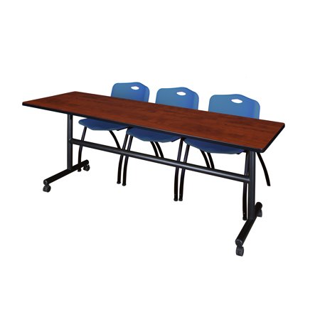 Kobe 84" Cherry Flip Top Mobile Training Table and 3 'M' Stack Chairs, Multiple Colors