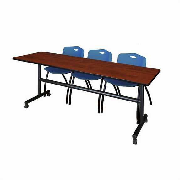 Kobe 84" Flip Top Mobile Training Table- Cherry & 3 'M' Stack Chairs- Blue