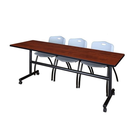 Kobe 84" Flip Top Mobile Training Table- Cherry & 3 'M' Stack Chairs- Grey
