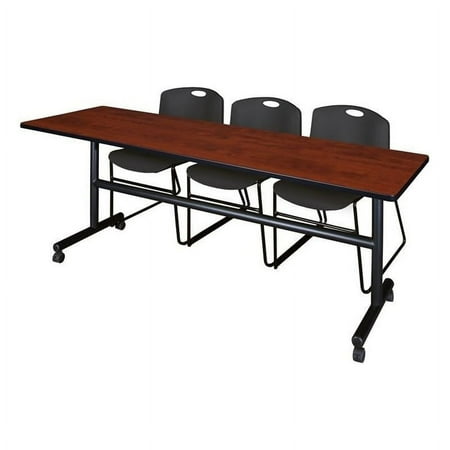 Kobe 84" Flip Top Mobile Training Table- Cherry & 3 Zeng Stack Chairs- Black