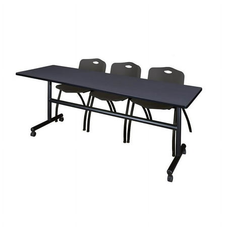 Kobe 84" Flip Top Mobile Training Table- Grey & 3 'M' Stack Chairs- Black