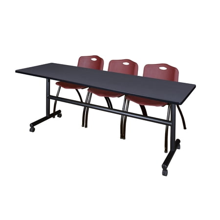 Kobe 84" Gray Flip Top Mobile Training Table and 3 'M' Stack Chairs, Multiple Colors