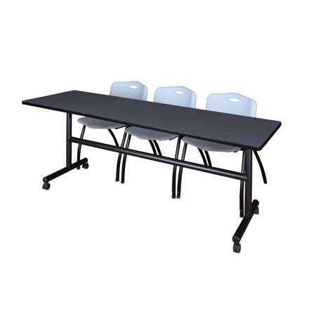 Regency Kobe 84 x 24 in. Flip-Top Training Nesting Table- Grey, 2 M Stack Chairs- Grey