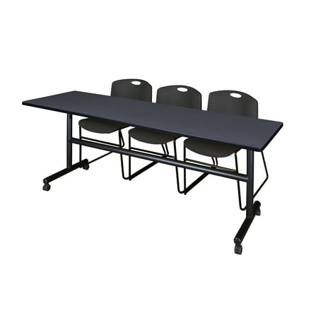 Kobe 84" Flip Top Mobile Training Table- Grey & 3 Zeng Stack Chairs- Black